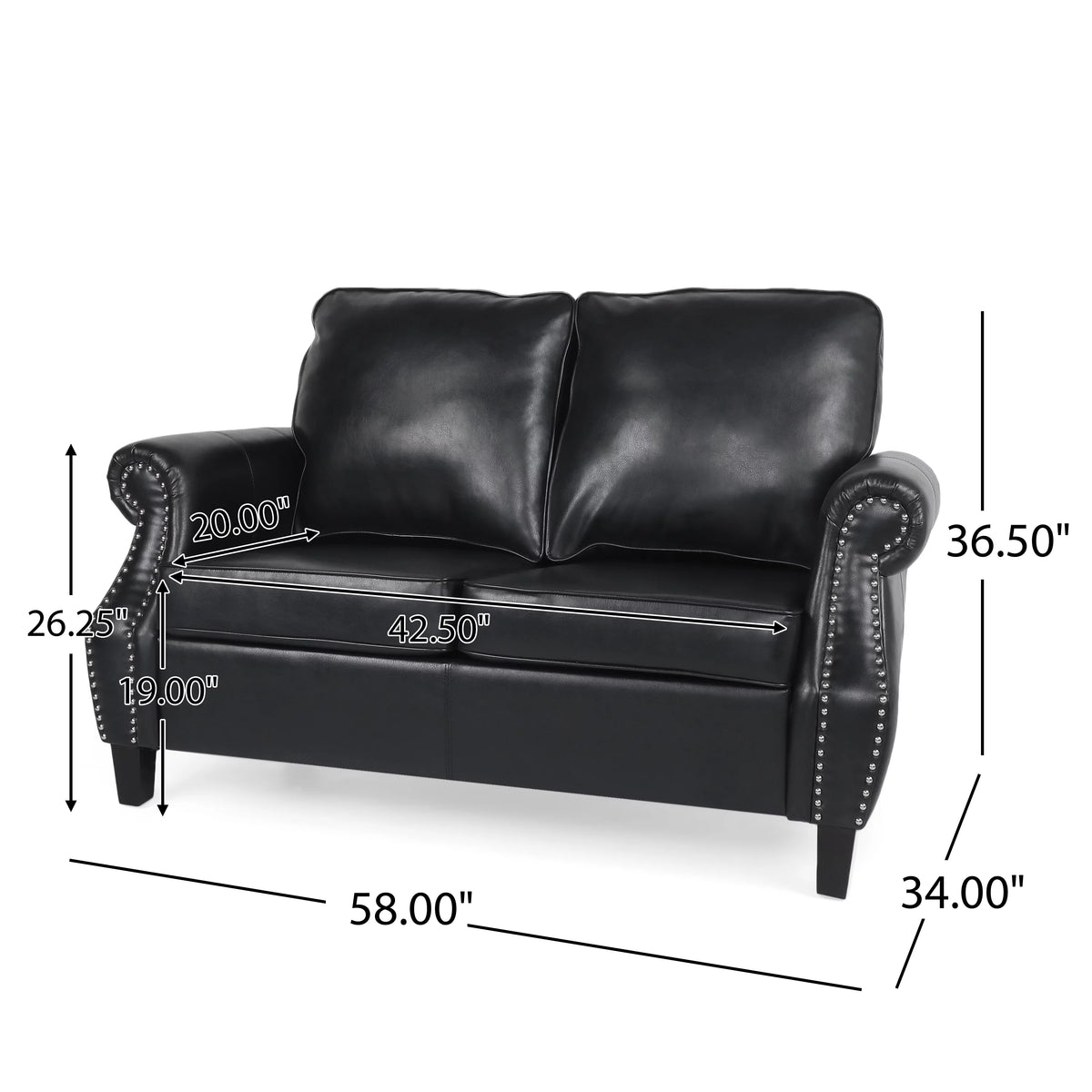 Midnight Black and Dark Brown Faux Leather Loveseat with Nailhead Trim T82967