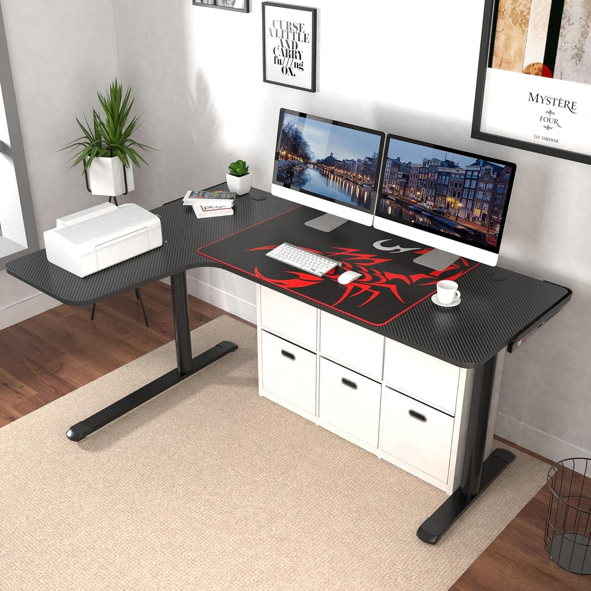 Black L Shaped 60 Inch Gaming Desk with Mouse Pad and Cable Management O542