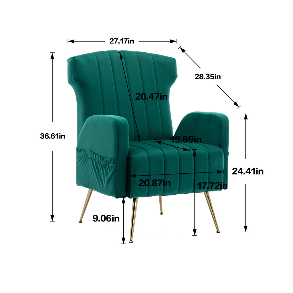 Green Velvet Wingback Accent Chair with Metal Legs W767104