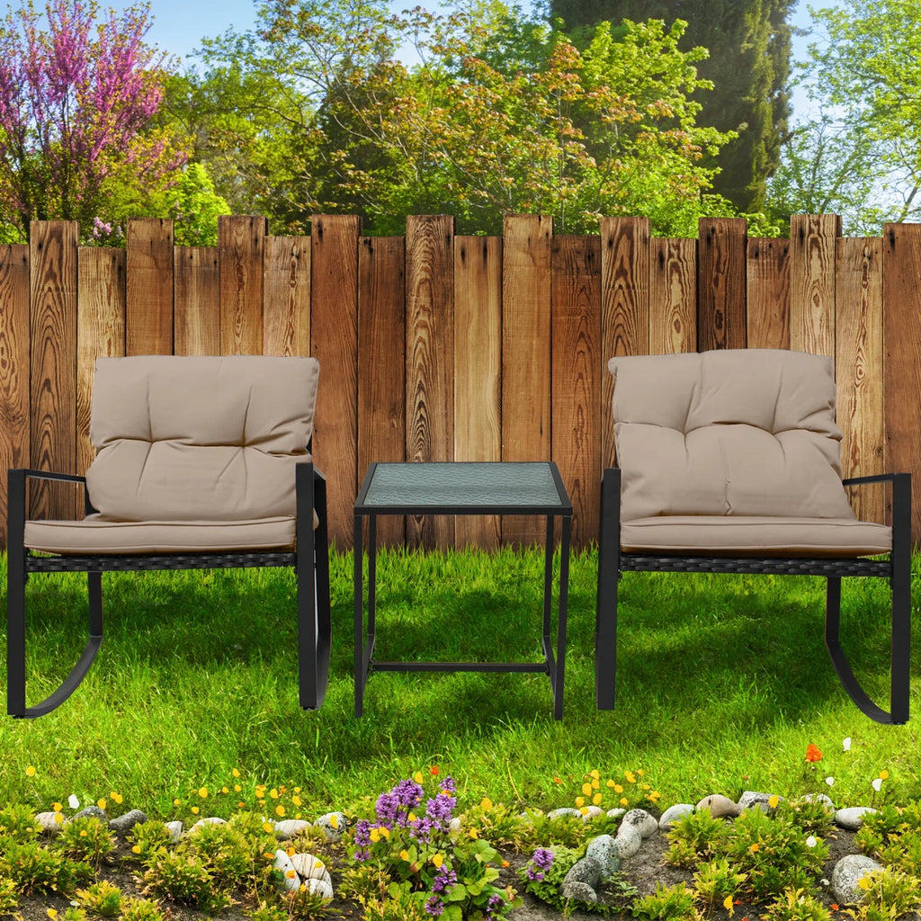 Black Wicker 3-Piece Rocking Chair Set with Glass Table N89008