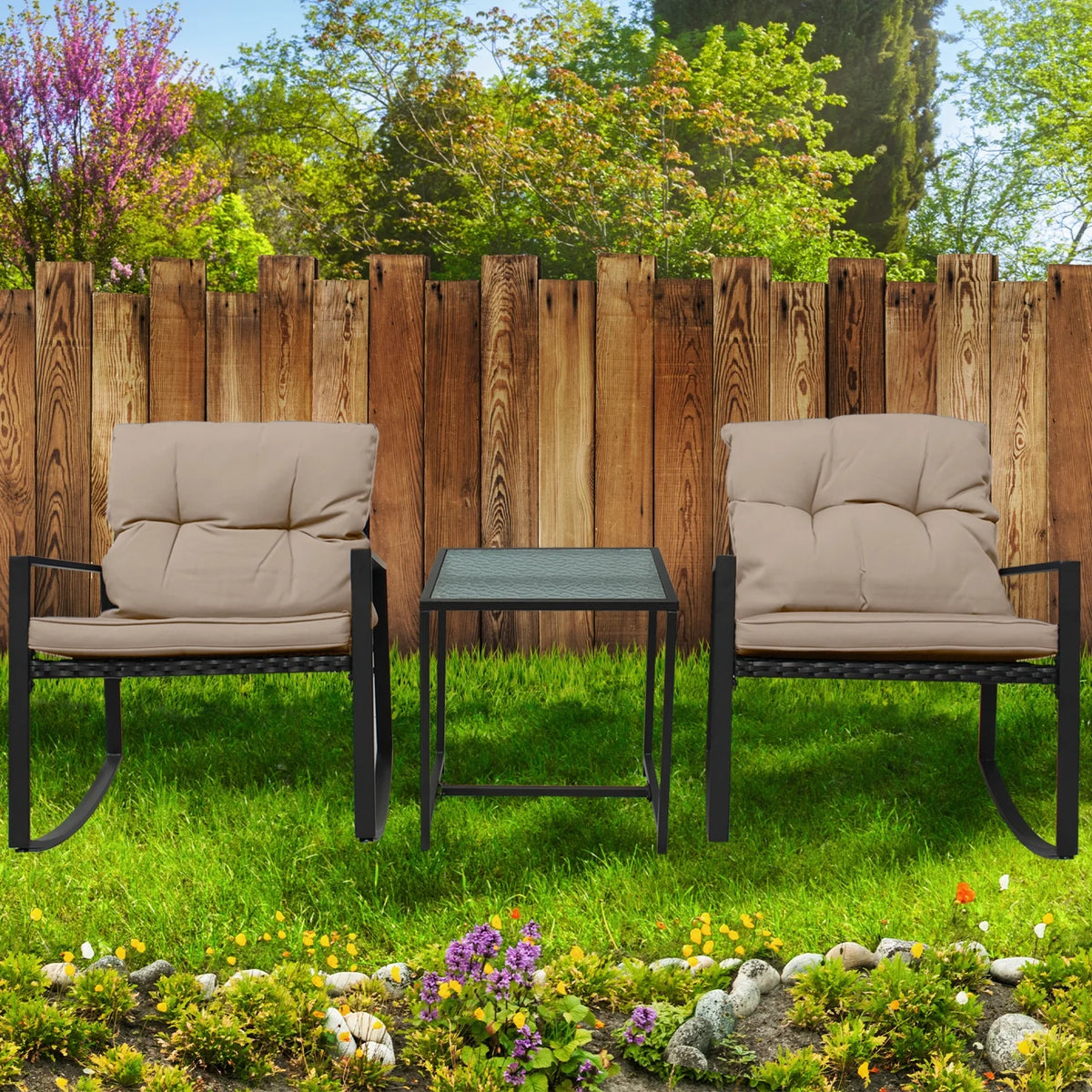 Black Wicker 3-Piece Rocking Chair Set with Glass Table N89008