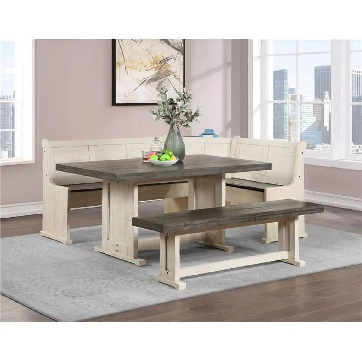 Antique White & Grey Wood Dining Table Set with Corner Storage Bench D235