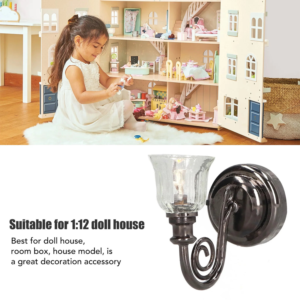 1:12 Dollhouse Wall Lamp LED Warm Lighting Metal Miniature Wall Sconce with Battery B2588