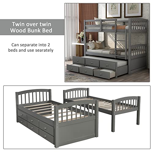 Twin Over Twin Wooden Bunk Bed with Trundle and 3 Storage Drawers H4701