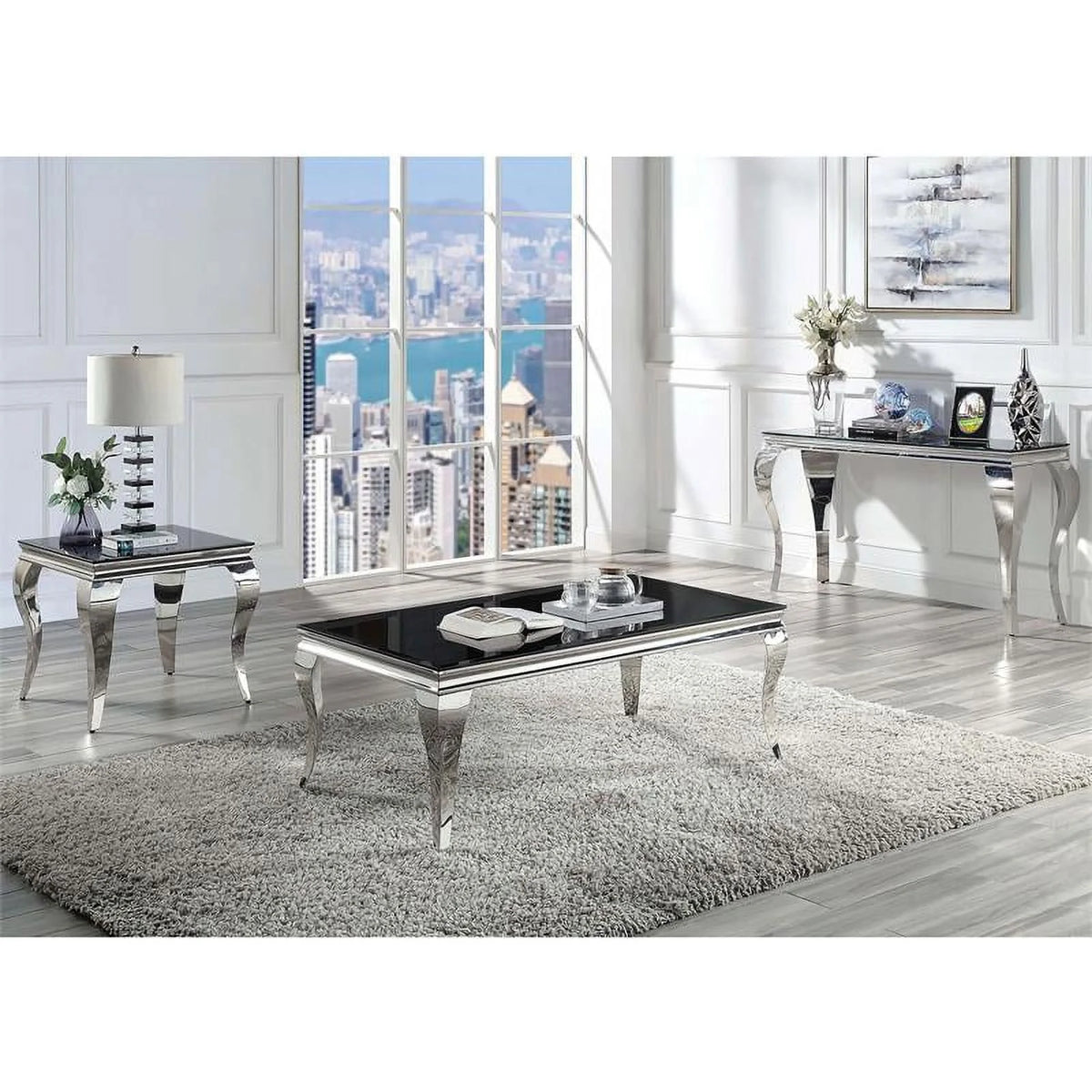 Black and Silver Glass Top End Table D88563