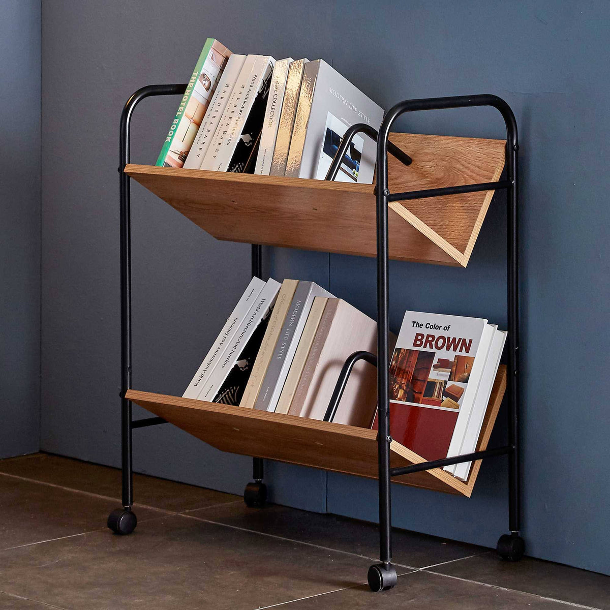 2-Tier Wood Metal Double Sided Mobile Book Cart A738025