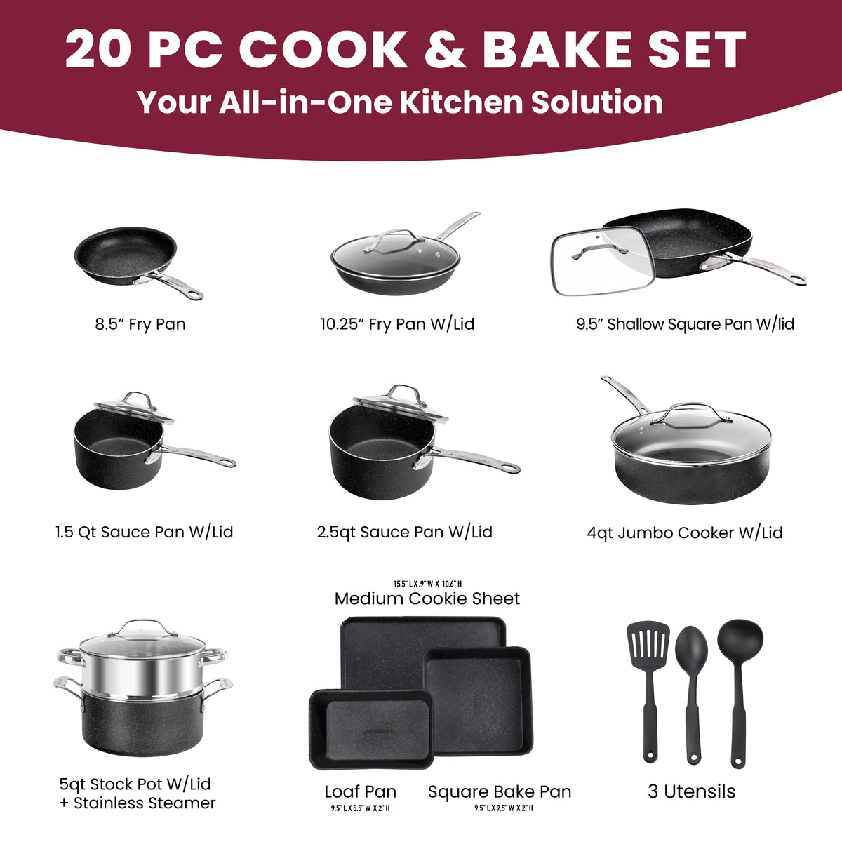 20 Pcs Nonstick Granite Stone Cookware and Bakeware Set E703720