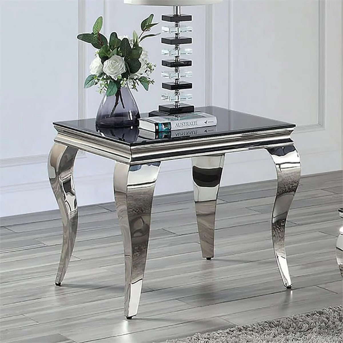 Black and Silver Glass Top End Table D88563