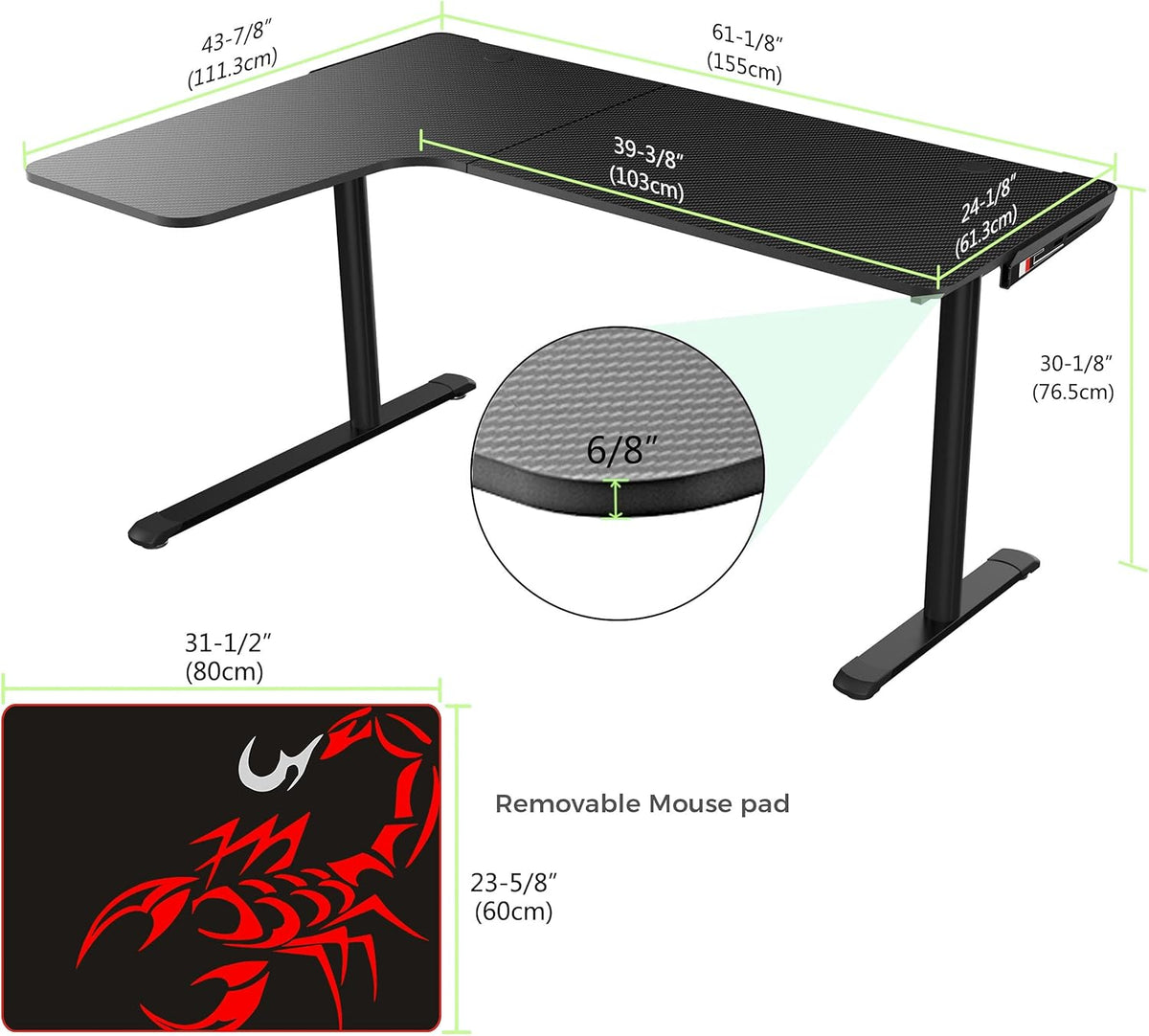 Black L Shaped 60 Inch Gaming Desk with Mouse Pad and Cable Management O542