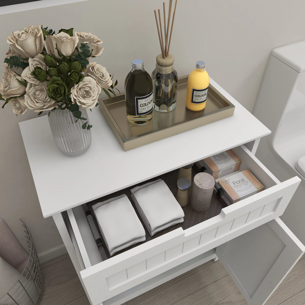 White Wood Bathroom Floor Cabinet 2 Doors 1 Drawer Q363553