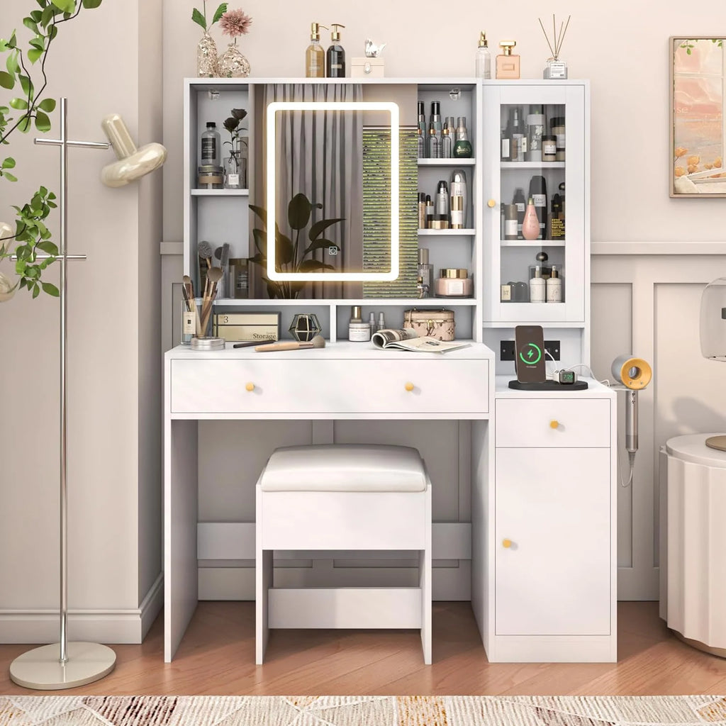 White Vanity Desk with Sliding Mirror and Lights X5818