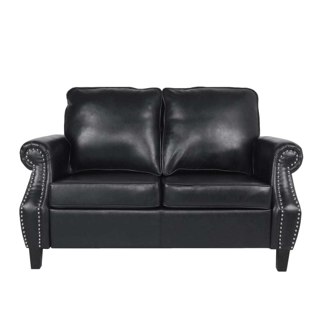 Midnight Black and Dark Brown Faux Leather Loveseat with Nailhead Trim T82967