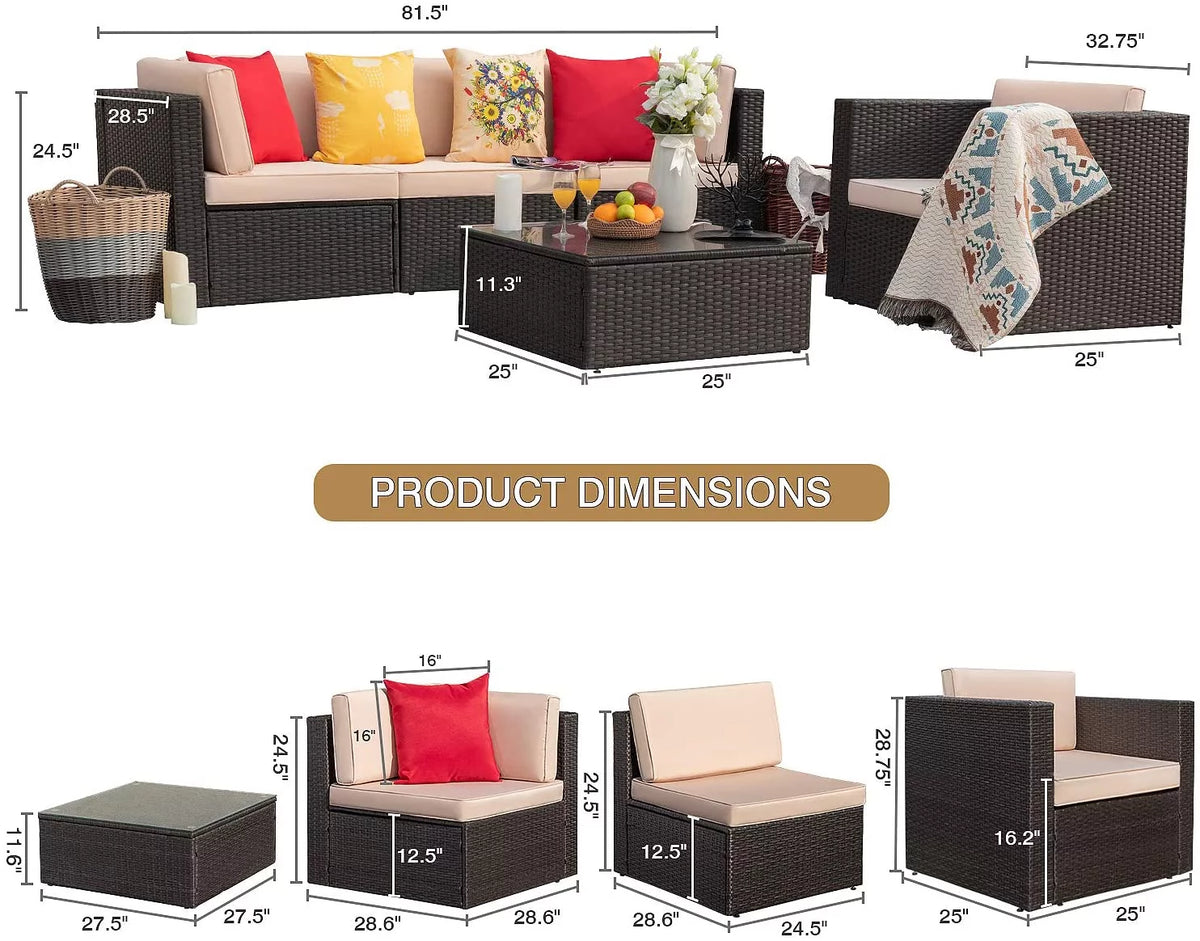 5 Pieces Patio Conversation Set Rattan Sectional Sofa with Glass Table A725937