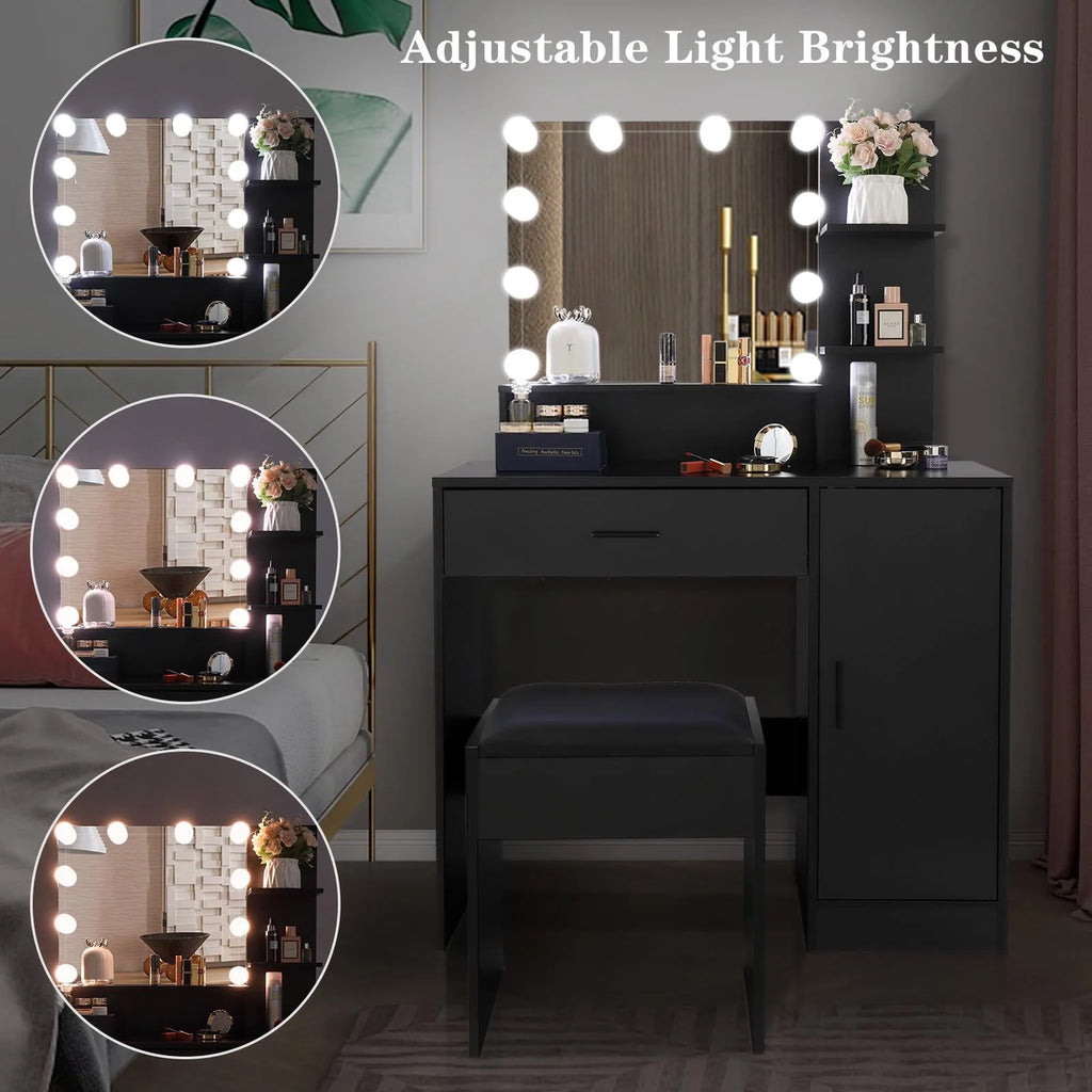 Black Vanity Set with Lighted Mirror and Stool D788