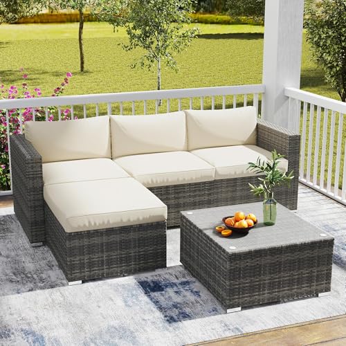 5 Piece Wicker Rattan Outdoor Patio Furniture Set with Cushions I86886