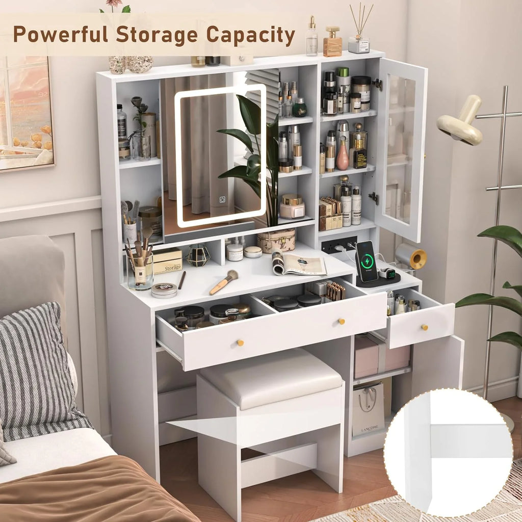 White Vanity Desk with Sliding Mirror and Lights X5818