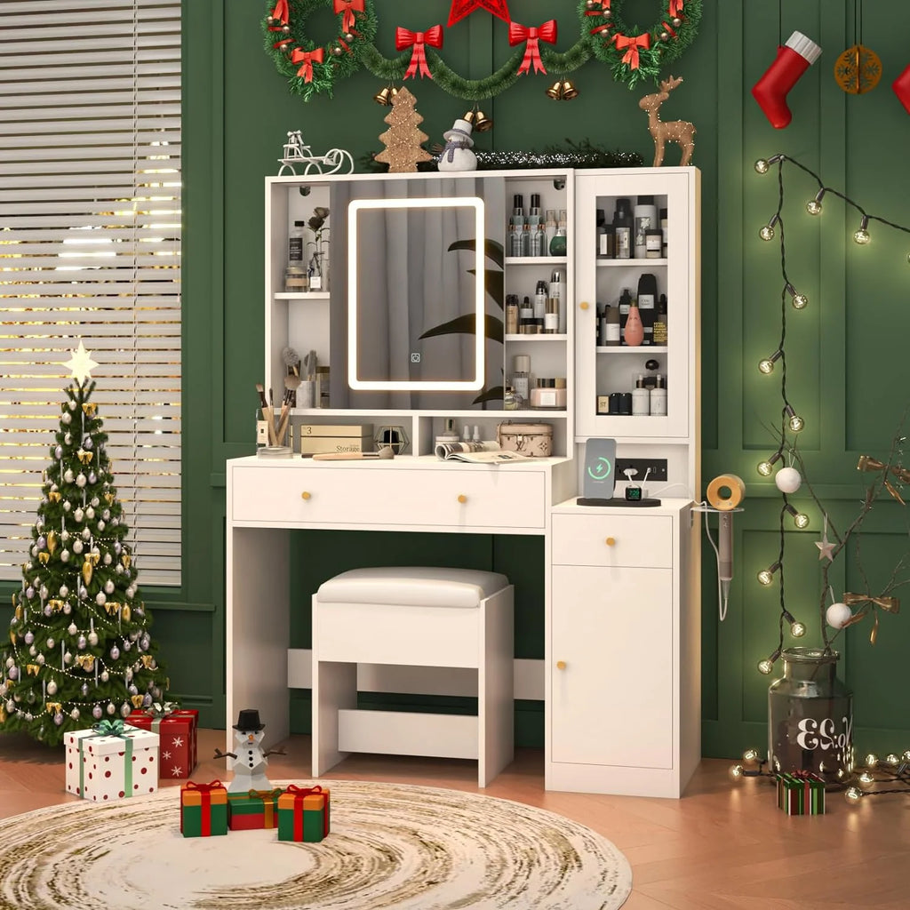 White Vanity Desk with Sliding Mirror and Lights X5818