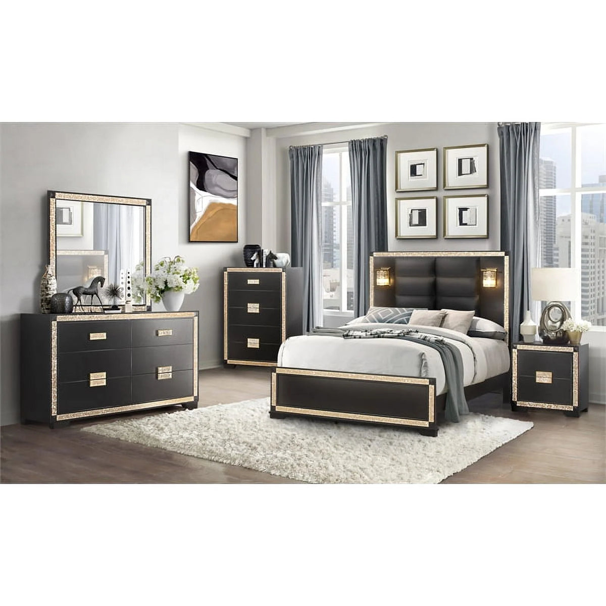Queen Bed in Black/Gold Finish L517903