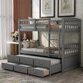 Twin Over Twin Wooden Bunk Bed with Trundle and 3 Storage Drawers H4701