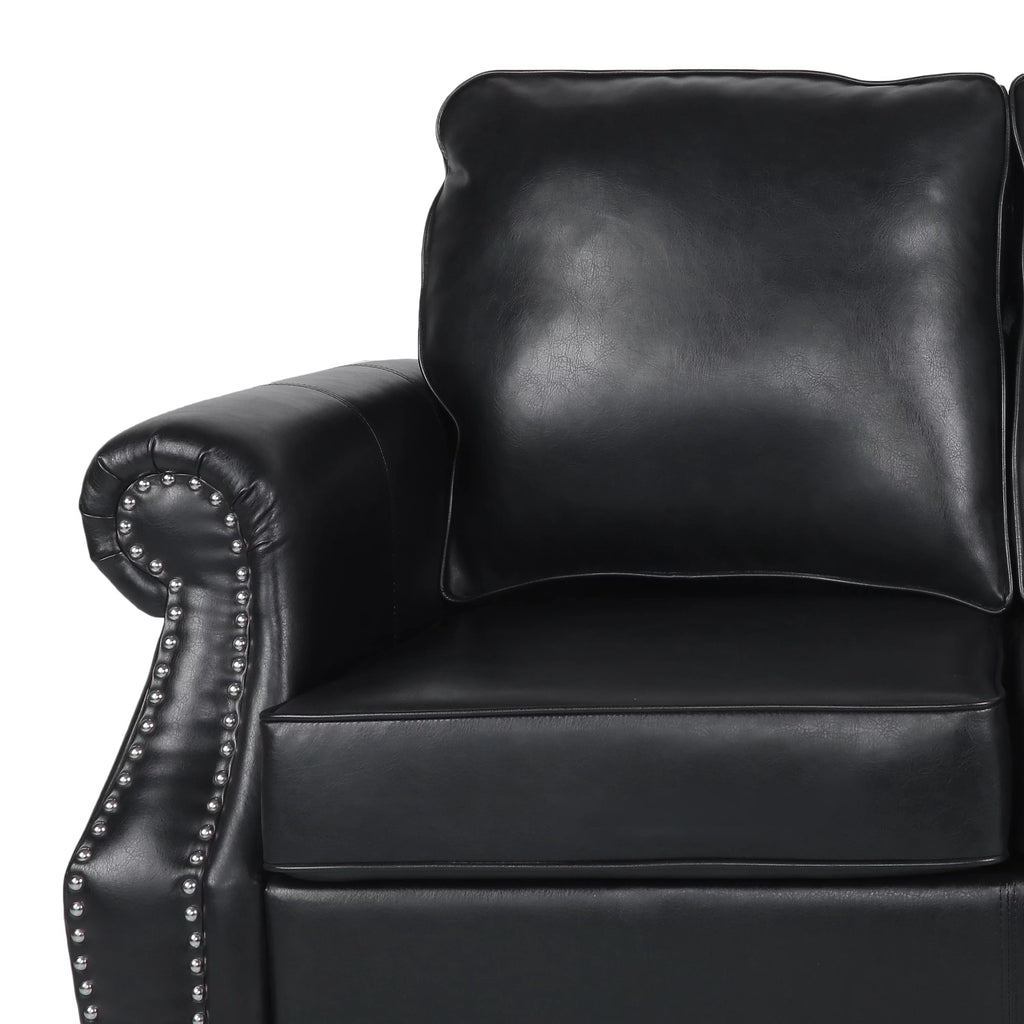Midnight Black and Dark Brown Faux Leather Loveseat with Nailhead Trim T82967