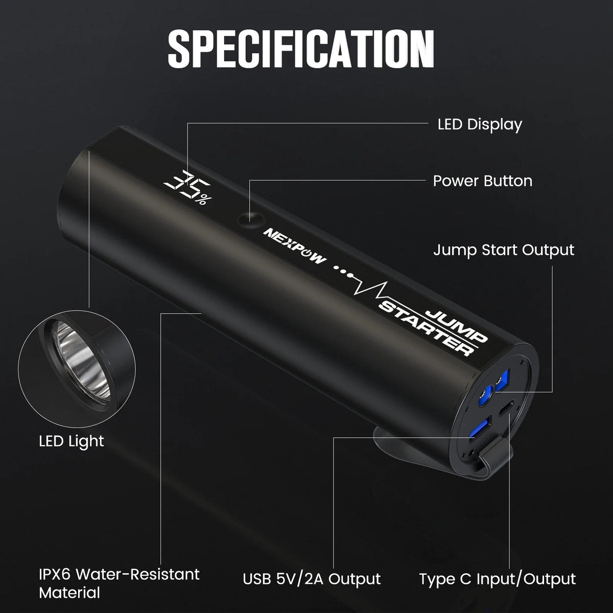 Car Jump Starter with LED Flashlight 2500A Peak 18000mAh W6175