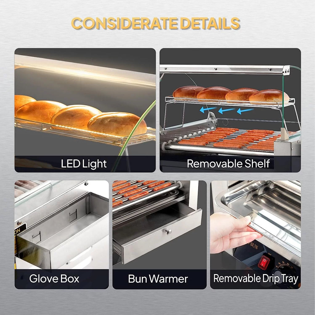 2000W 11 Rollers Hot Dog Roller Grill Cooker Machine with Bun Warmer U1313