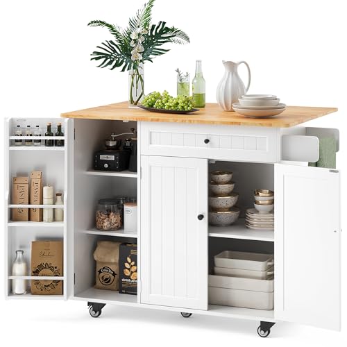 White Kitchen Island with Drop Leaf and Storage L273376