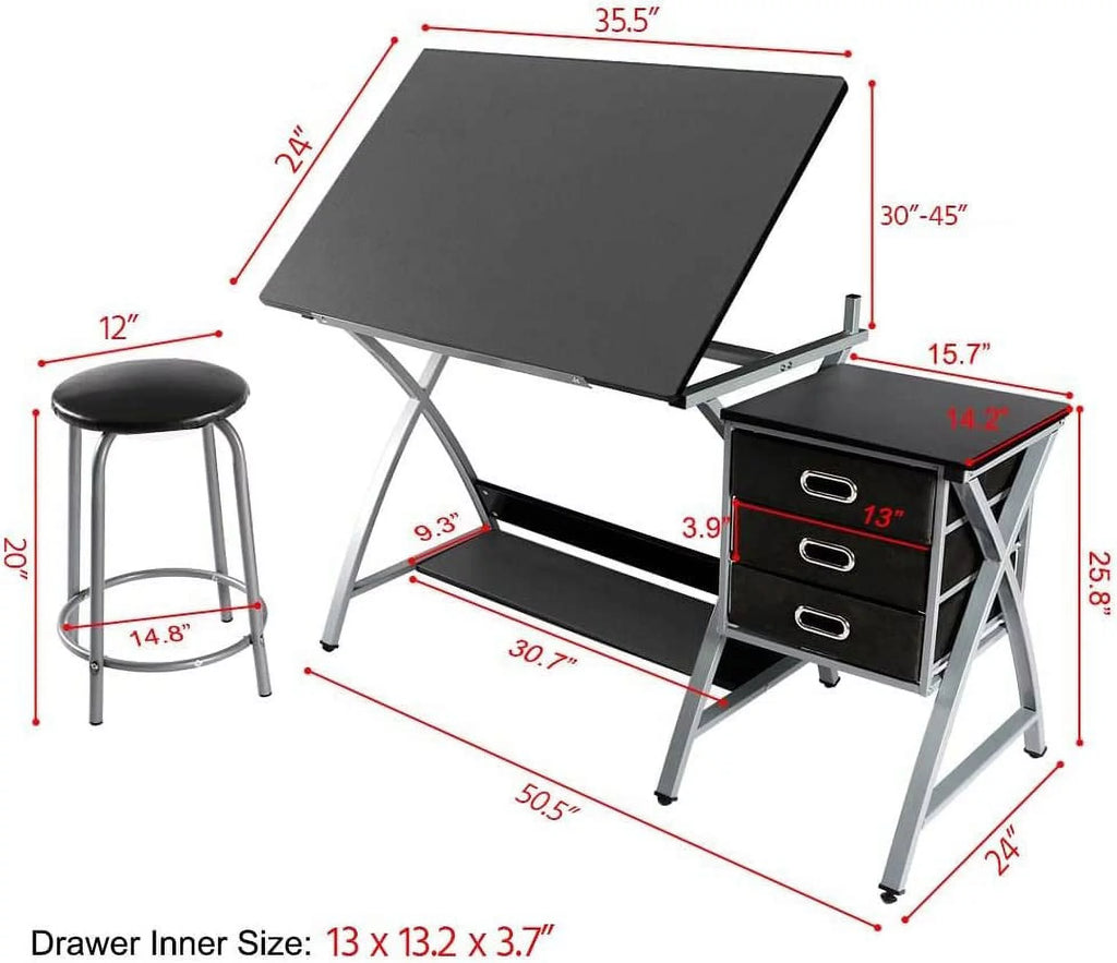 Adjustable Drafting Desk with Stool and 3 Slide Drawers K5057