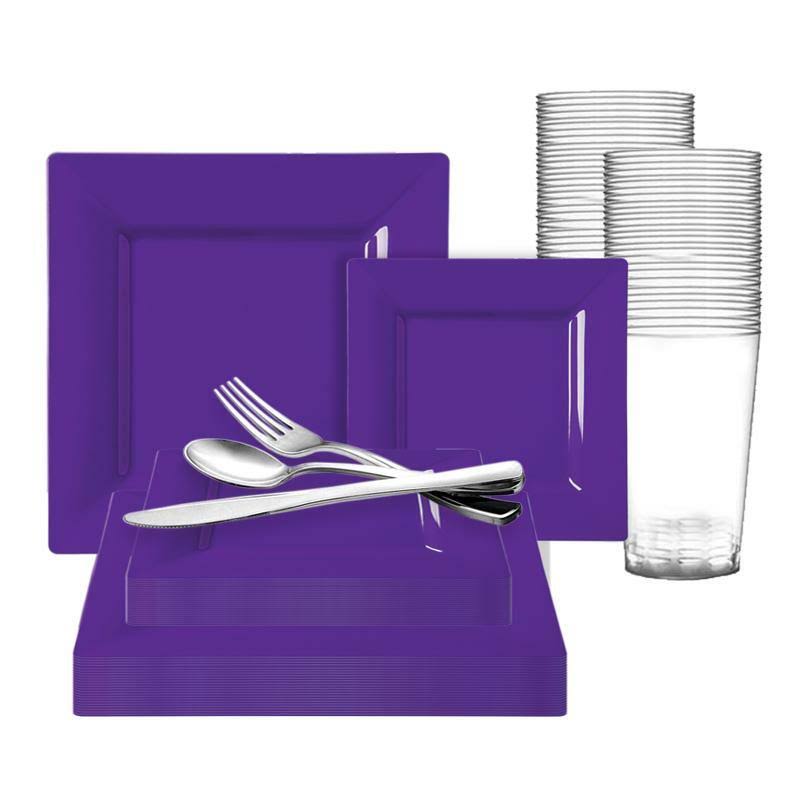 120 Settings Grape Purple Square Disposable Plastic Wedding Value Set S6760
